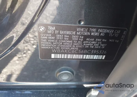 2011 BMW 750I xDrive from USA, damaged, VIN WBAKC6C56BC395326
